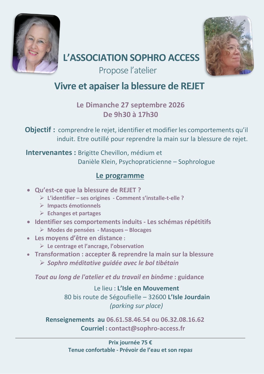 Affiche de l'atelier sophrologie « Vivre et apaiser la blessure de rejet » à L'Isle-Jourdain
